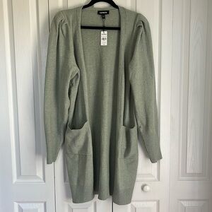 Express Long Line Pleated Puff Shoulder Cardigan. Sage Green. Size Small. NWT